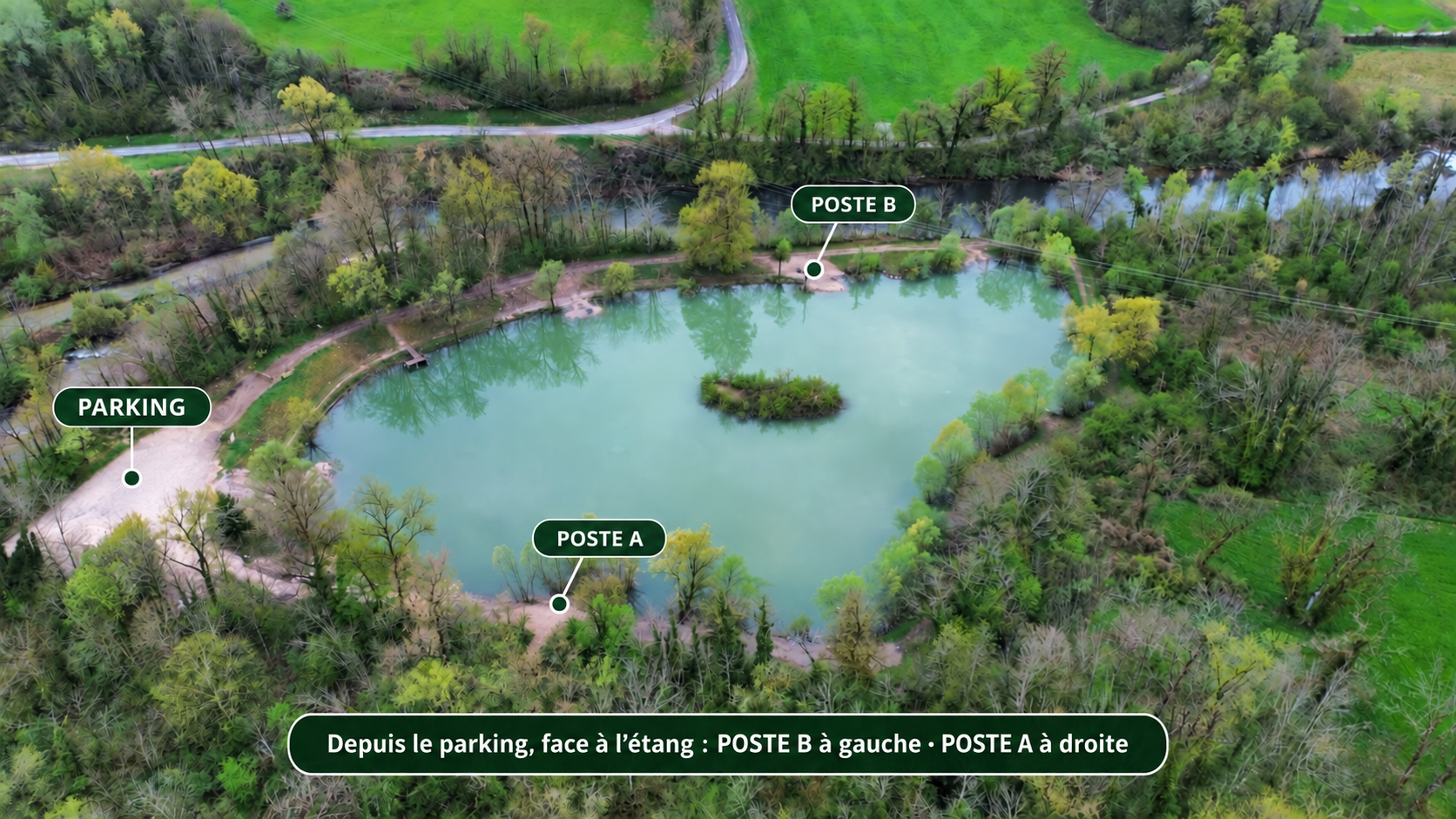 Plan aérien de l’étang du Sauget avec le parking, le poste A et le poste B